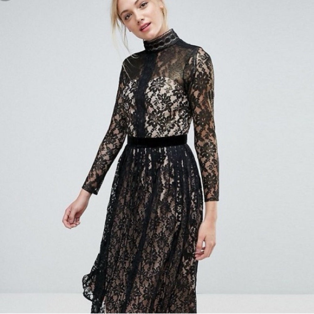 Little Mistress Lace Long Sleeve Midi Dress